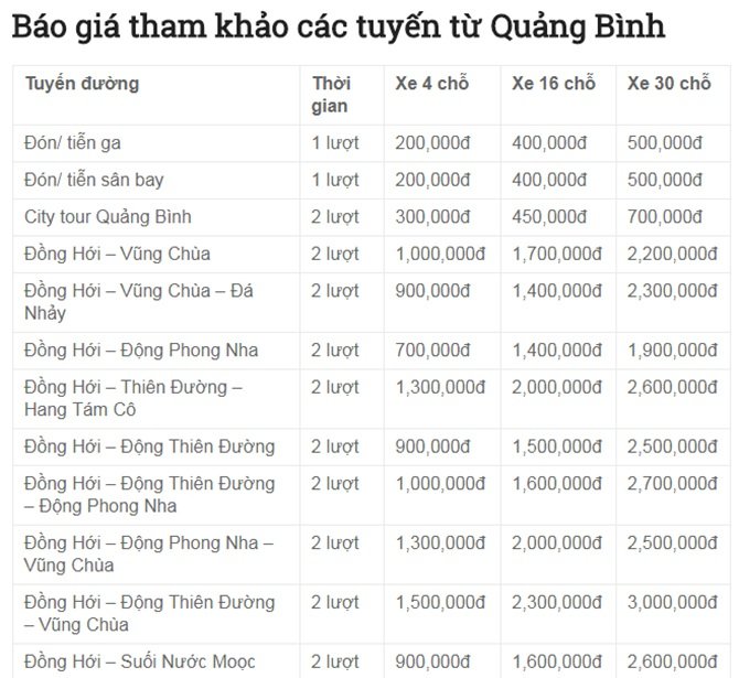 Bảng giá thuê xe du lịch o quảng bình