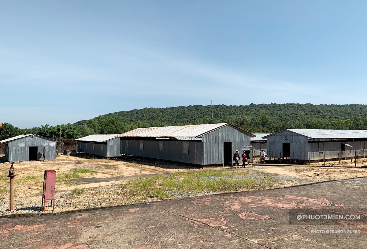 This image shows the barracks at Phu Quoc. You can see about 10 metal barracks down a long walkway.